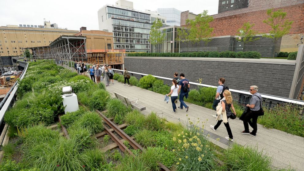 PHOTO: Visitors walk along the High Line on June 11, 2014 in New York.