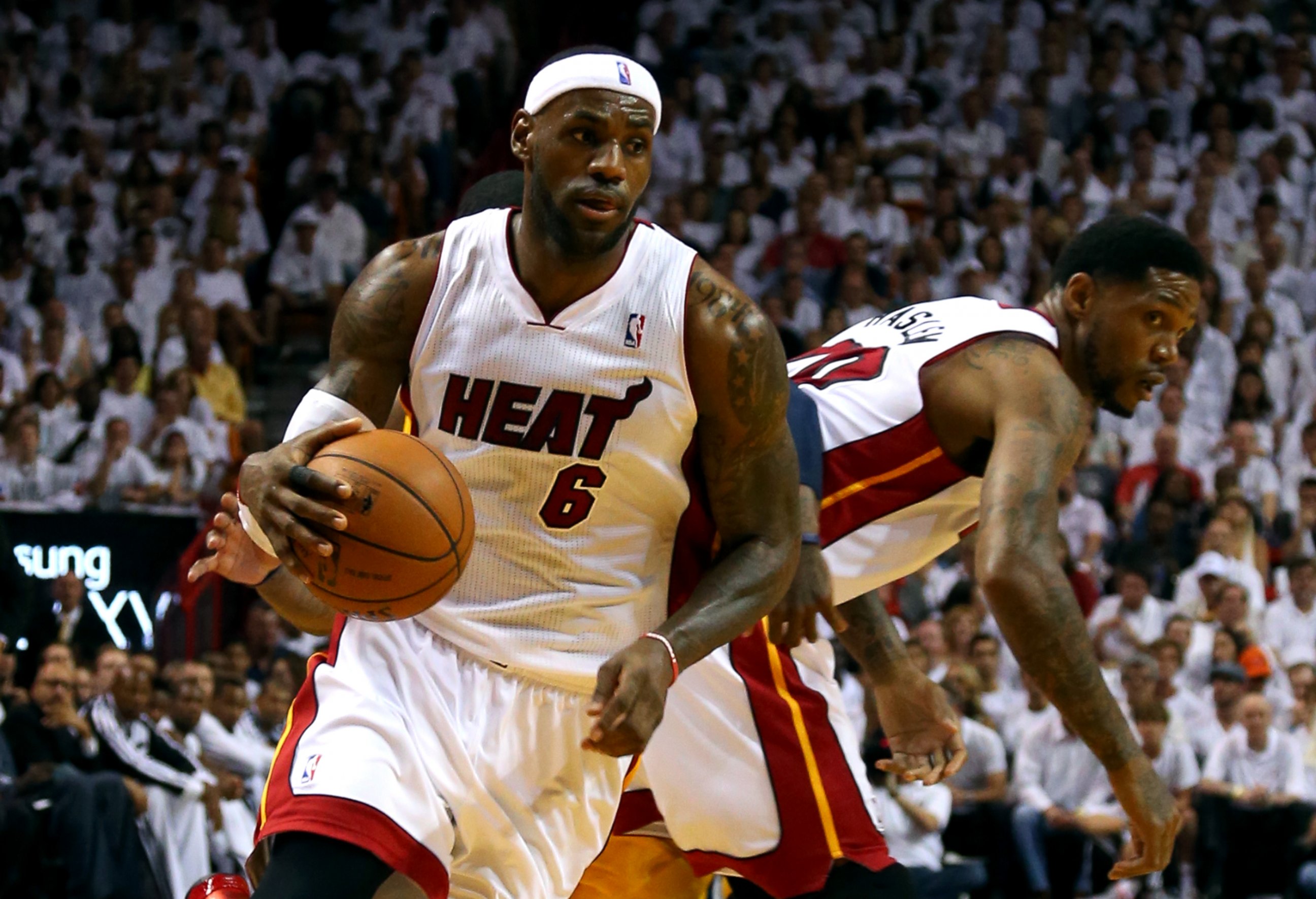 PHOTO: LeBron James #6 of the Miami Heat gets a pick from teammate Udonis Haslem #40 against the Indiana Pacers at the 2014 NBA Playoffs  at American Airlines Arena on May 24, 2014 in Miami, Florida. 