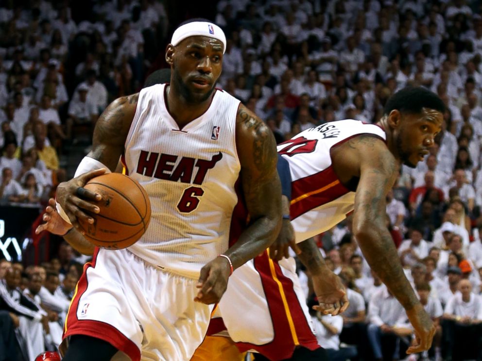 PHOTO: LeBron James #6 of the Miami Heat gets a pick from teammate Udonis Haslem #40 against the Indiana Pacers at the 2014 NBA Playoffs at American Airlines Arena on May 24, 2014 in Miami, Florida.