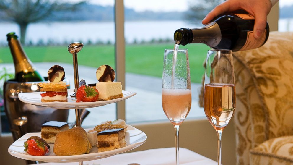 Sweets and pink champagne in the Garden Room at Lough Erne Golf Resort in Northern Ireland.