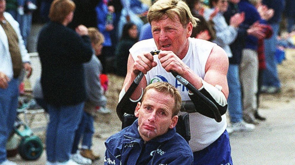 PHOTO: Dick Hoyt and his son, Rick, on their way up Heartbreak Hill during the Boston Marathon on April 16, 2001. 