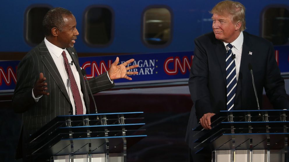 PHOTO: Republican presidential candidate Donald Trump looks on as Ben Carson speaks during the presidential debates at the Reagan Library on Sept. 16, 2015 in Simi Valley, Calif.