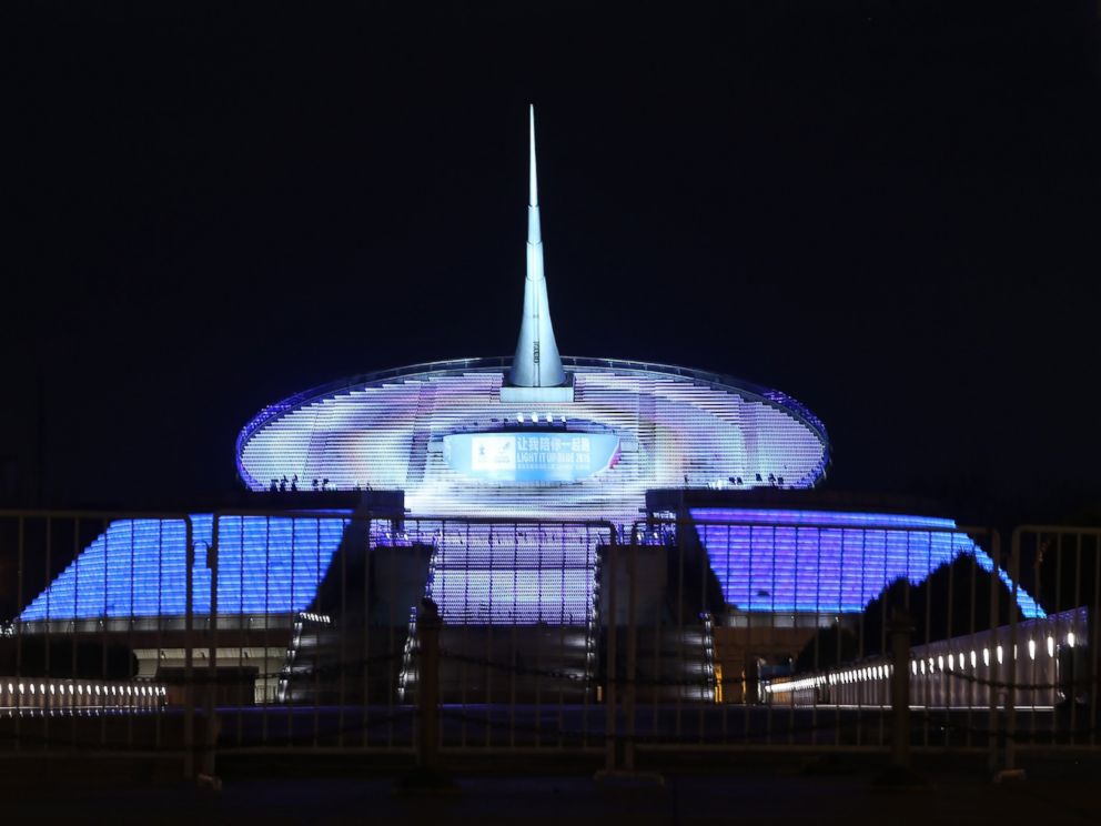 PHOTO: China Millennium Monument is illuminated in blue to mark the World Autism Awareness Day on April 2, 2015 in Beijing, China.
