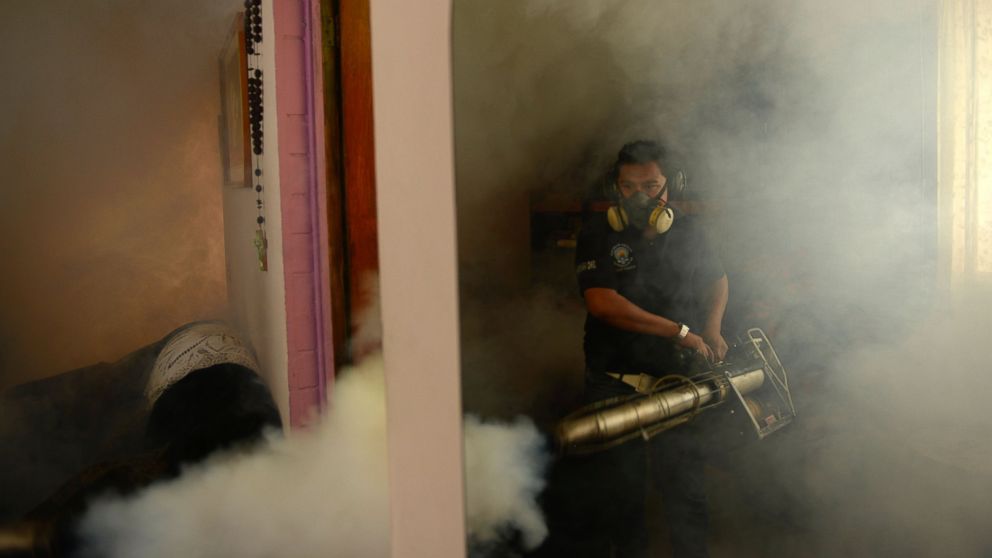 A Health Ministry employee fumigates a home against the Aedes aegypti mosquito to prevent the spread of the Zika virus in Soyapango, six km east of San Salvador, Jan. 21, 2016.