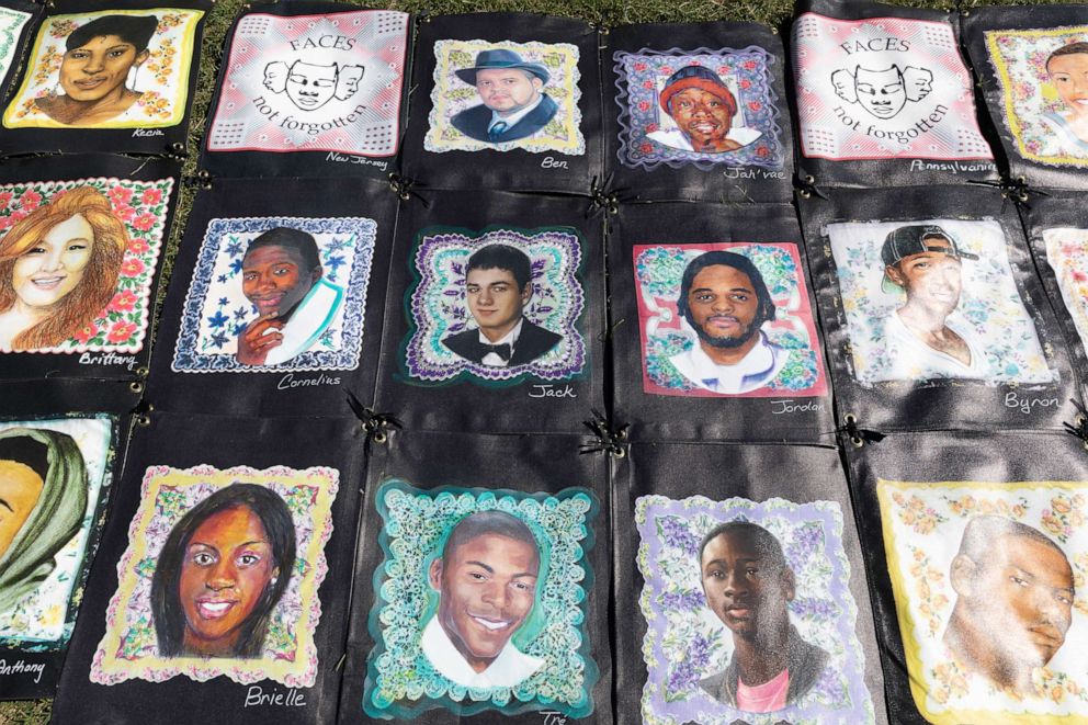 PHOTO: A flag with pictures of victims of gun violence is displayed during a demonstration calling for legislators to pass gun safety laws, in Washington D.C., Sept. 25, 2019.