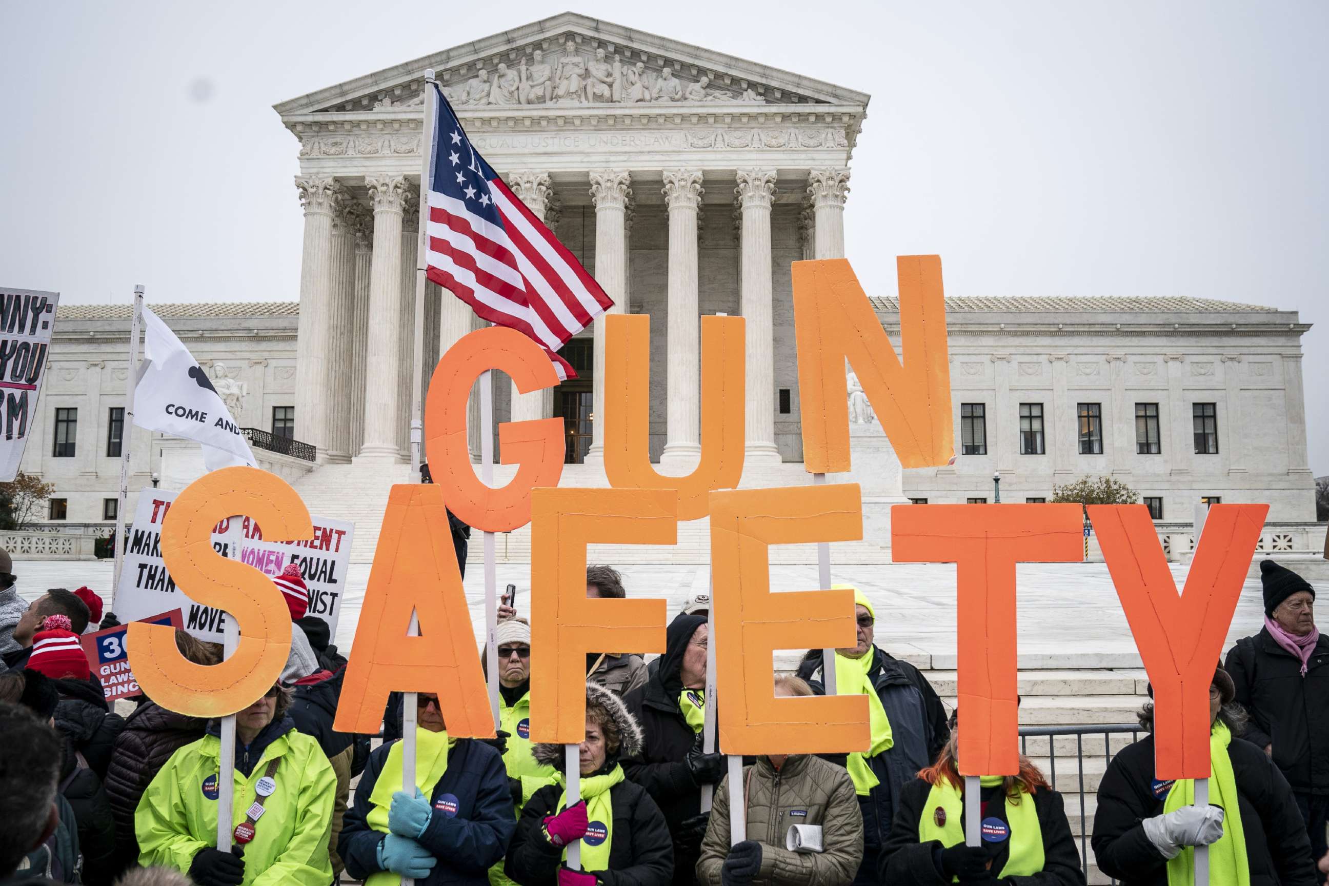 PHOTO: Gun safety advocates rally in front of the U.S. Supreme Court during oral arguments in the Second Amendment case NY State Rifle & Pistol v. City of New York, NY on Dec. 2, 2019 in Washington, D.C.