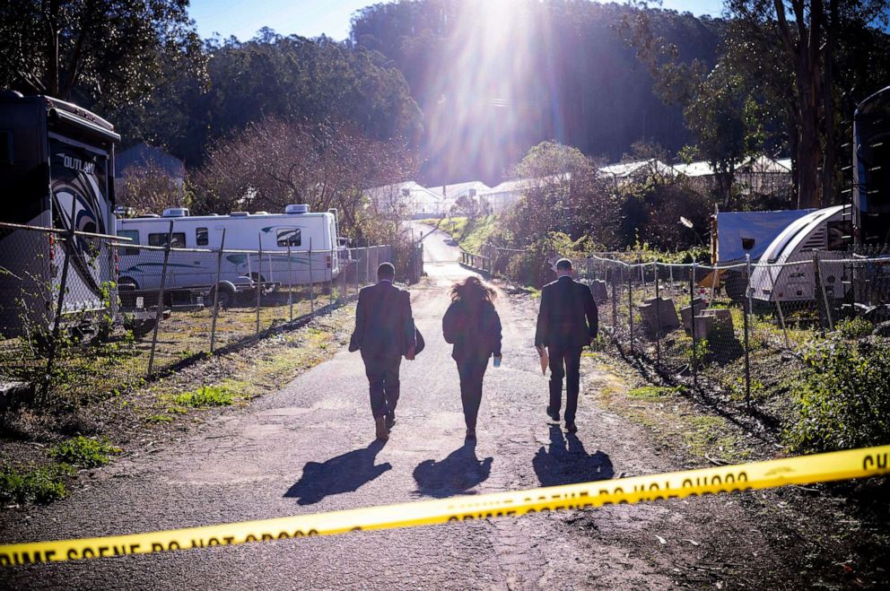 PHOTO: FBI officials walk towards from the crime scene at Mountain Mushroom Farm, Jan. 24, 2023, in Half Moon Bay, Calif.