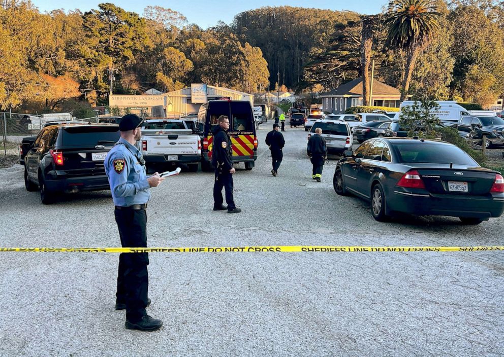PHOTO: First responders work one of multiple crime scenes where four people were shot and killed Jan. 23, 2023, in Half Moon Bay, Calif.