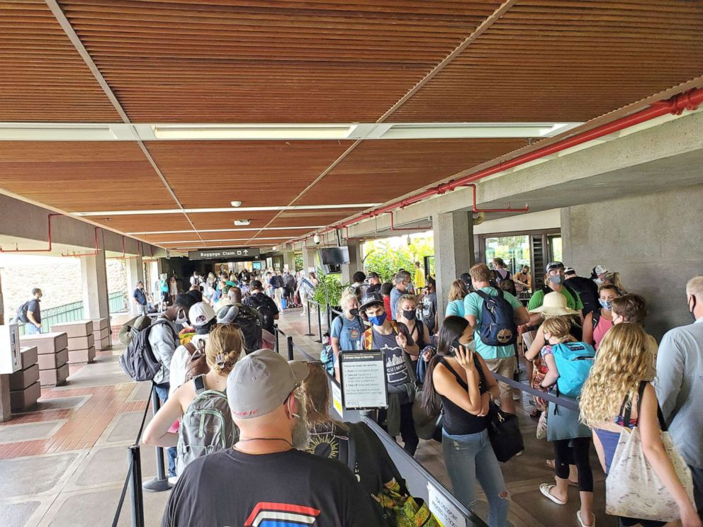 PHOTO: Long security lines are visible at Kahului Airport, as passengers wait for departing flights from the island of Maui, Hawaii, Aug. 5, 2021.