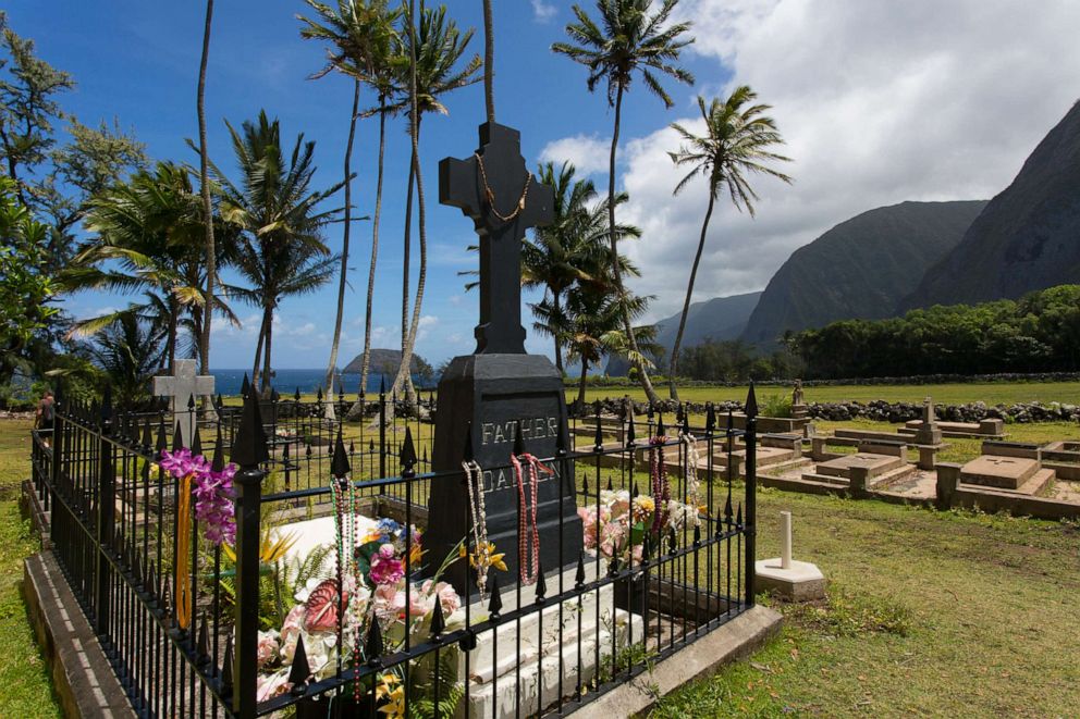 PHOTO: The grave of Father Damien is shown at St. Philomena Church, Kalaupapa Peninsula, Molokai, Hawaii.