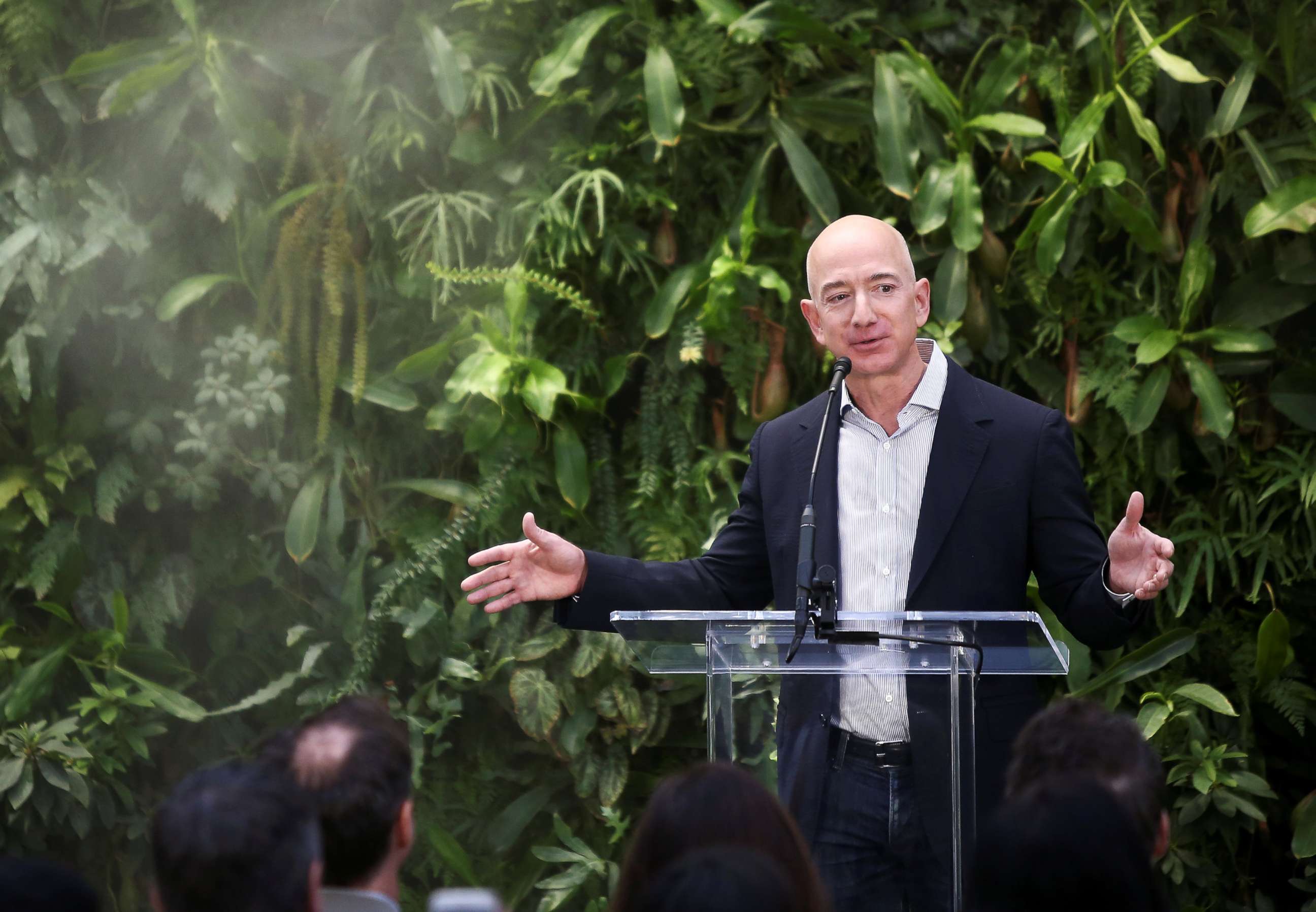 PHOTO: Amazon founder and CEO Jeff Bezos gives closing comments after opening the new Amazon Spheres during an opening event at Amazon's headquarters in Seattle, Washington, Jan. 29, 2018.  