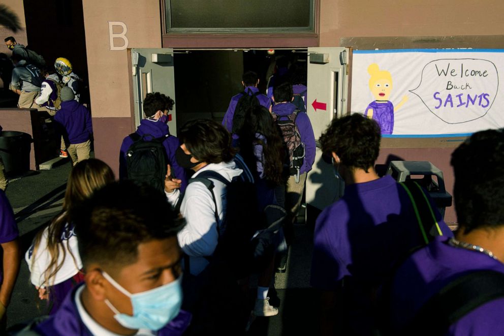 PHOTO: Students return to in-person learning at St. Anthony Catholic High School during the COVID-19 pandemic, March 24, 2021, in Long Beach, Calif.