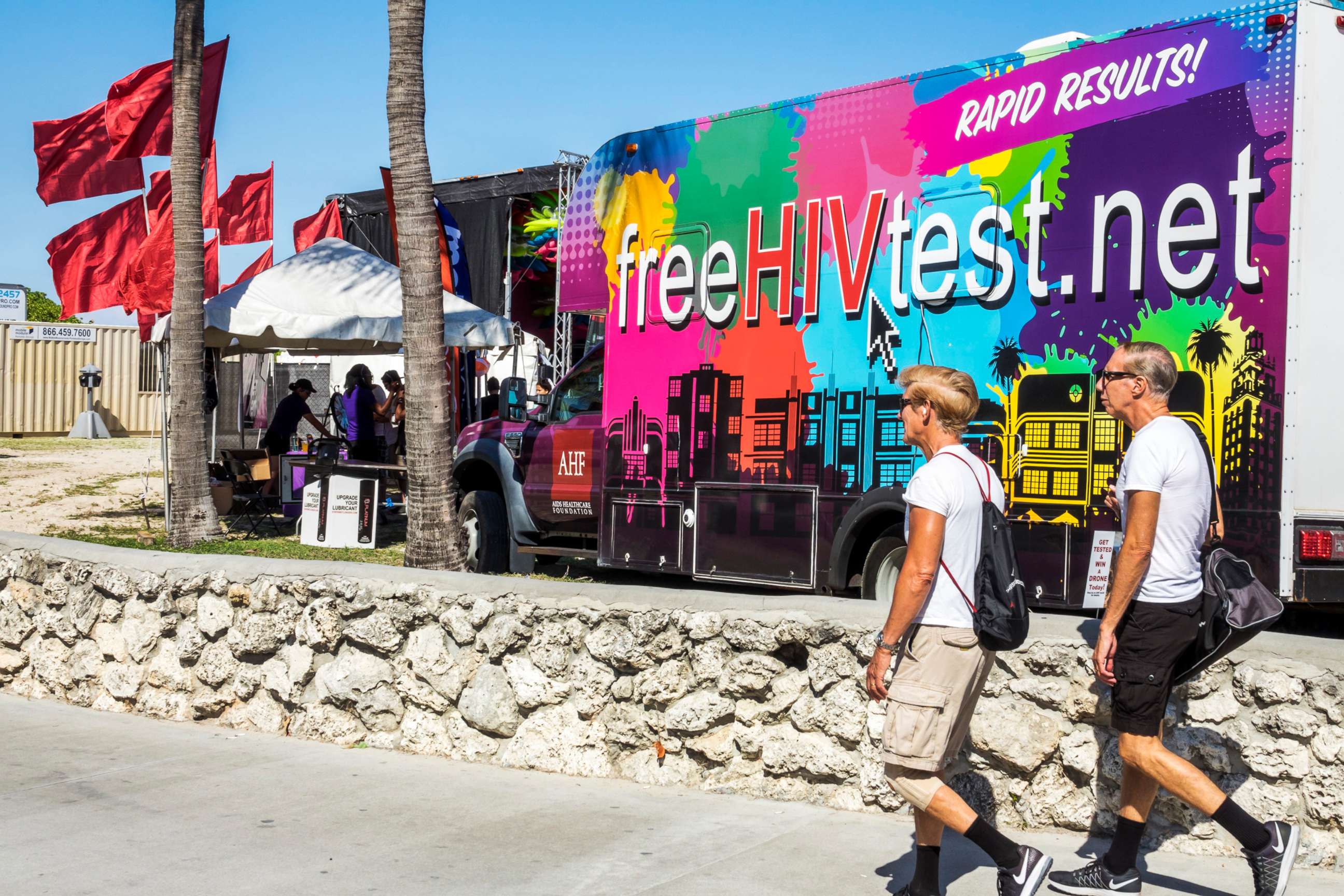 PHOTO: An HIV testing booth is set up at the Beach Pride festival in Lumus Park in Miami, April 08, 2017.