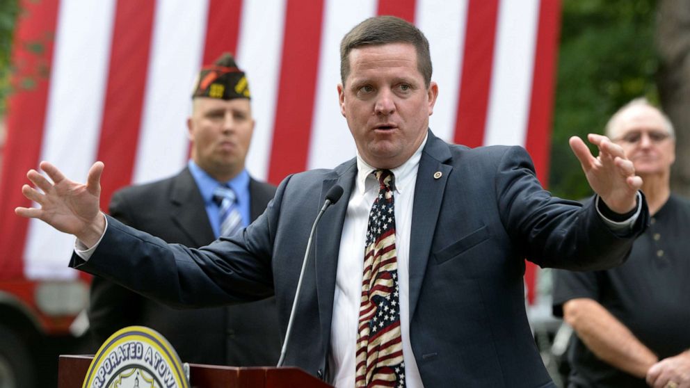 PHOTO: In this Sept. 11, 2019 photo, Bennett Walsh, superintendent of the Soldiers' Home in Holyoke, speaks at a 9/11 ceremony in West Springfield, Mass.