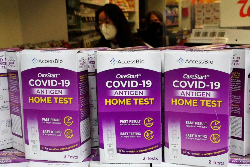 PHOTO: COVID-19 home test kits are pictured in a store window during the COVID-19 pandemic in the Manhattan borough of New York City, Jan. 19, 2022.