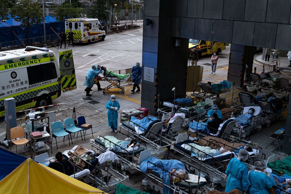 PHOTO: Patients wait for medical treatment in a temporary holding area outside Caritas Medical Center in Hong Kong, Feb. 16, 2022, as COVID-19 infection rates soared.