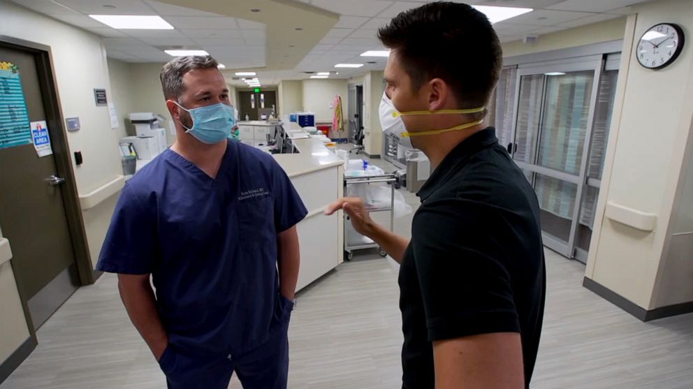 PHOTO: ABC News' Trevor Ault speaks with Dr. Ryan Richard, a pulmonary and critical care physician at Baton Rouge General Hospital.