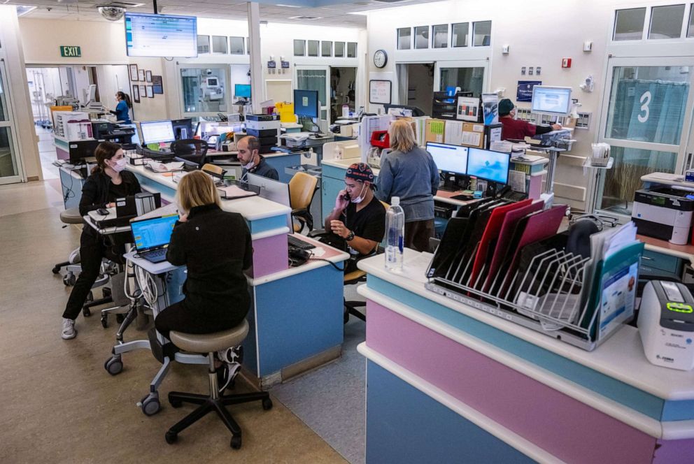 PHOTO: Emergency department staff members work at Providence St. Joseph Hospital in Orange County, California, Nov. 1, 2022.