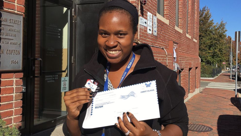 PHOTO: Doctor Jennifer Okwerekwu of Cambridge Hospital in Massachusetts holds an absentee ballot on Nov. 8, 2016.