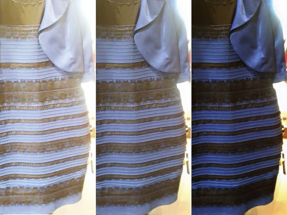 PHOTO: A photo of a dress posted to Tumblr and retoned with Photoshop is seen in its original state, center, lightened on the left, and darkened on the right.