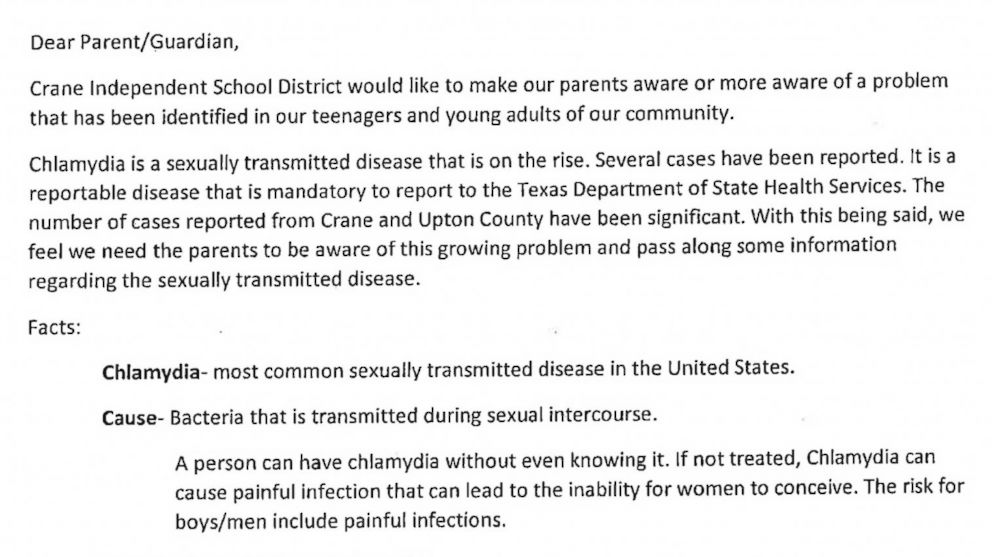 PHOTO: A letter sent home to parents of students in the Crane Independent School District in Crane, Texas states that several cases of chlamydia have been reported to the Texas Department of State Health Services.