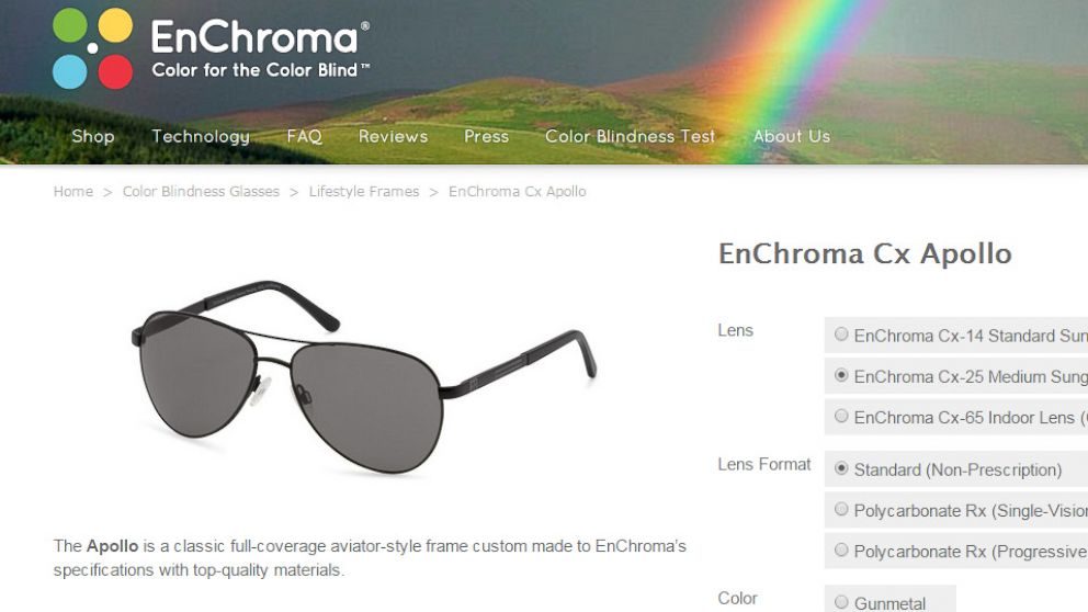 A page from the EnChroma website shows their Cx Apollo glasses which they claim will help enhance the color perception of many people who suffer from color blindness.