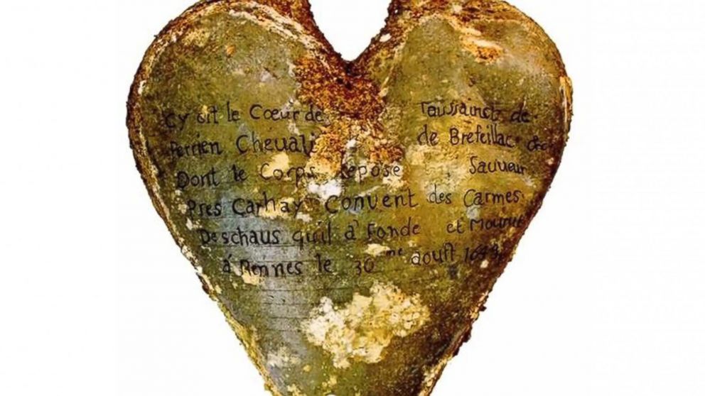 A heart-shaped lead urn discovered in Rennes, France bears an inscription identifying the contents as the heart of Toussaint Perrien, Knight of Brefeillac.