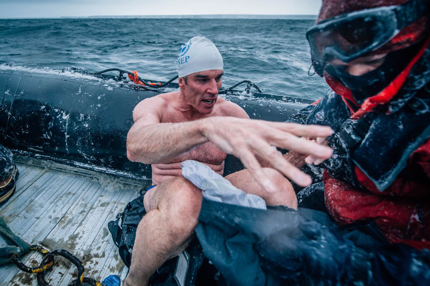 PHOTO: Ocean advocate Lewis Pugh swam for 350 meters in the icy waters of the Bay of Whales in Antarctica’s Ross Sea on March 1, 2015.