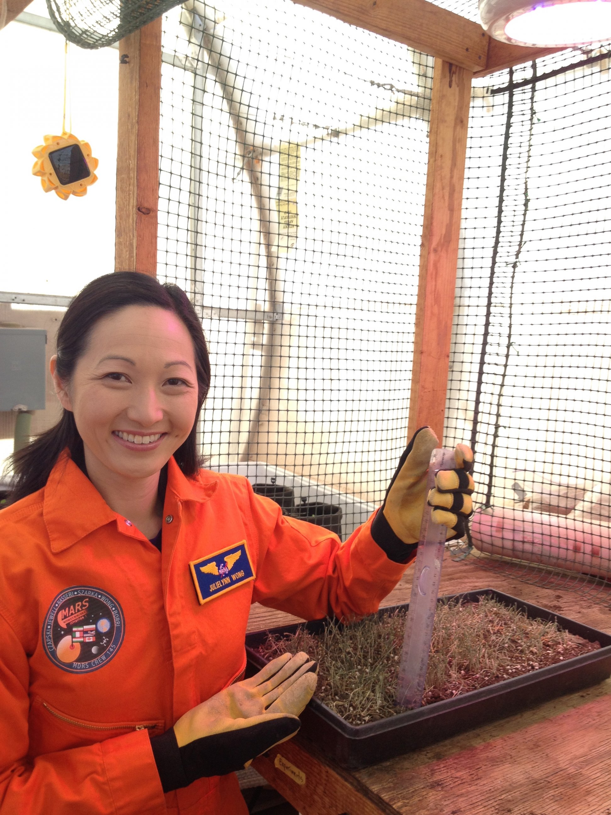 PHOTO: Dr. JulieLynn Wong measures the height of wheatgrass in Mars Mission Simulator's greenhouse.