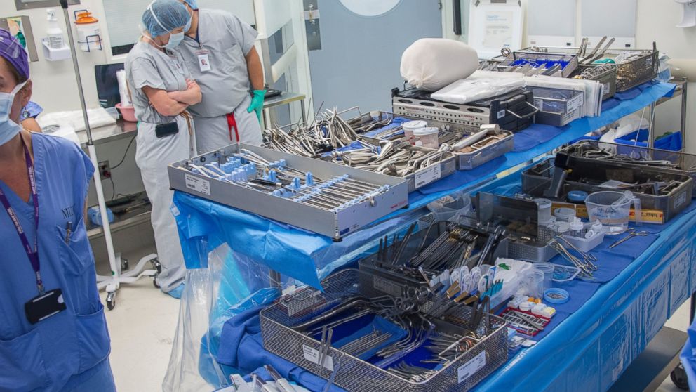 Trays of instruments set up for Pat Hardison's face transplant surgery at NYU Langone Medical Center in New York City.