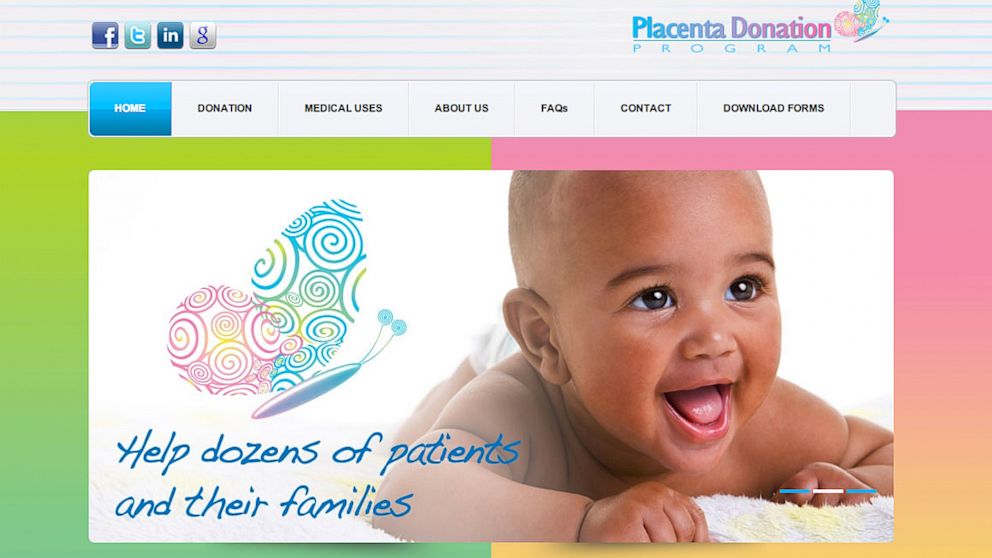 The Placenta Donation Center's website homepage is seen here. 