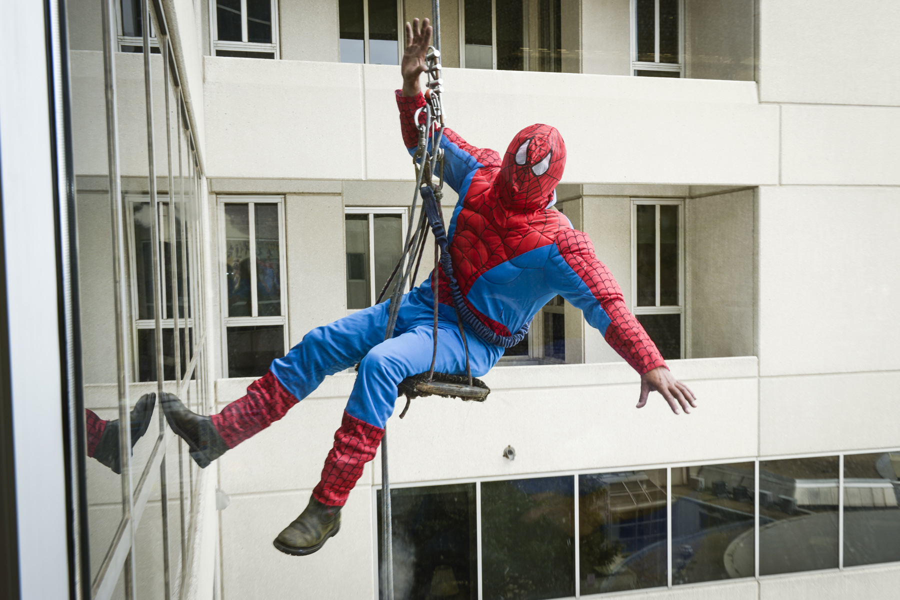 Spiderman posed outside the windows of Children's Medical Center Dallas.