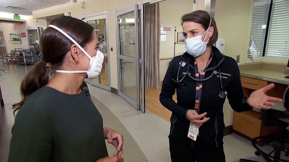 PHOTO: ABC News' Kaylee Hartung speaks with Saint Alphonsus Regional Medical Center's ICU Medical Director, Dr. Meghan McInerney, in Boise, Idaho.