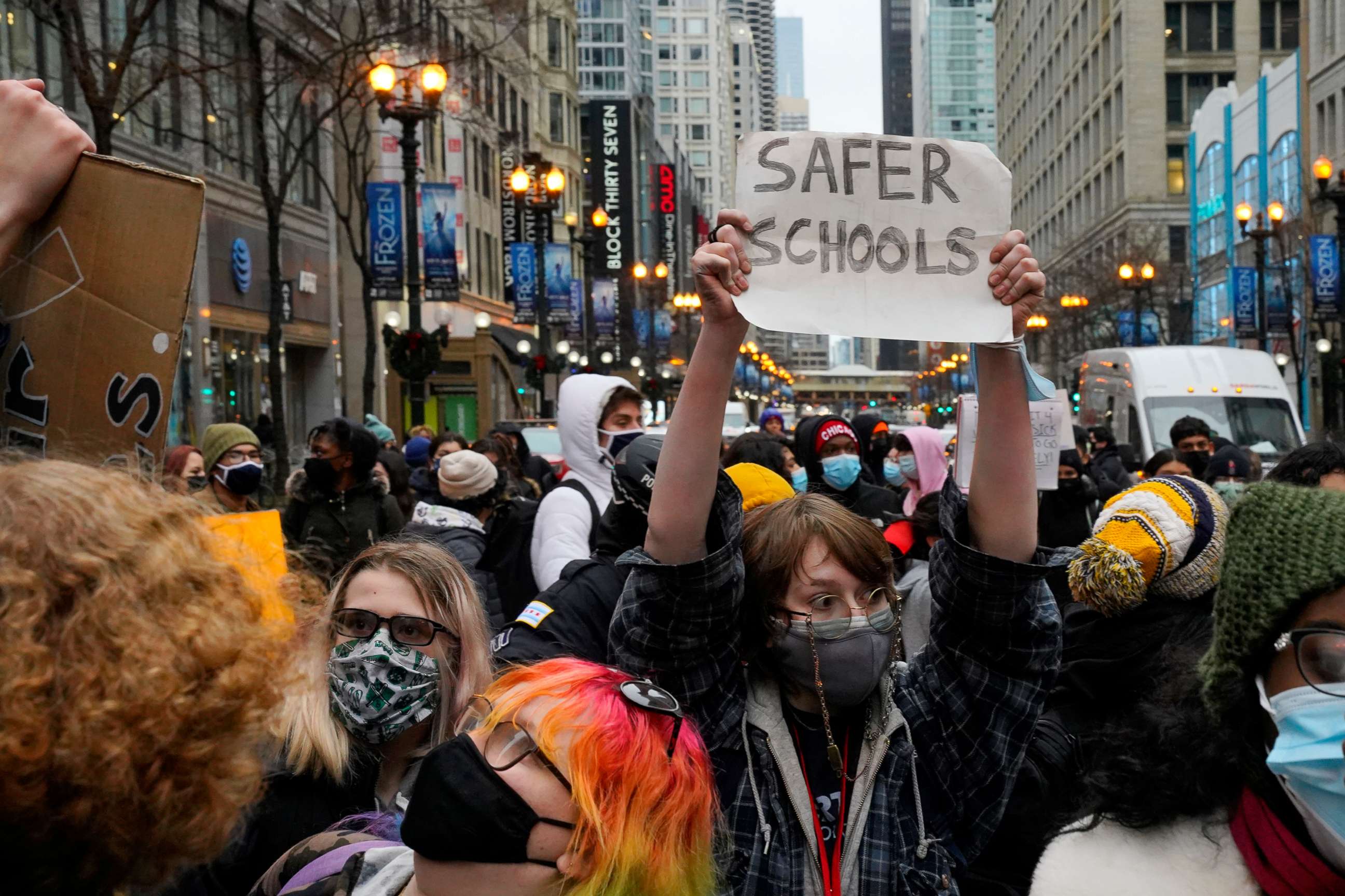 PHOTO: Demonstrators gather during a student walkout over COVID-19 safety measures at Chicago Public Schools in Chicago, Jan. 14, 2022. 
