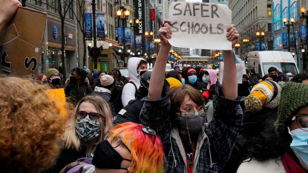 PHOTO: Demonstrators gather during a student walkout over COVID-19 safety measures at Chicago Public Schools in Chicago, Jan. 14, 2022. 