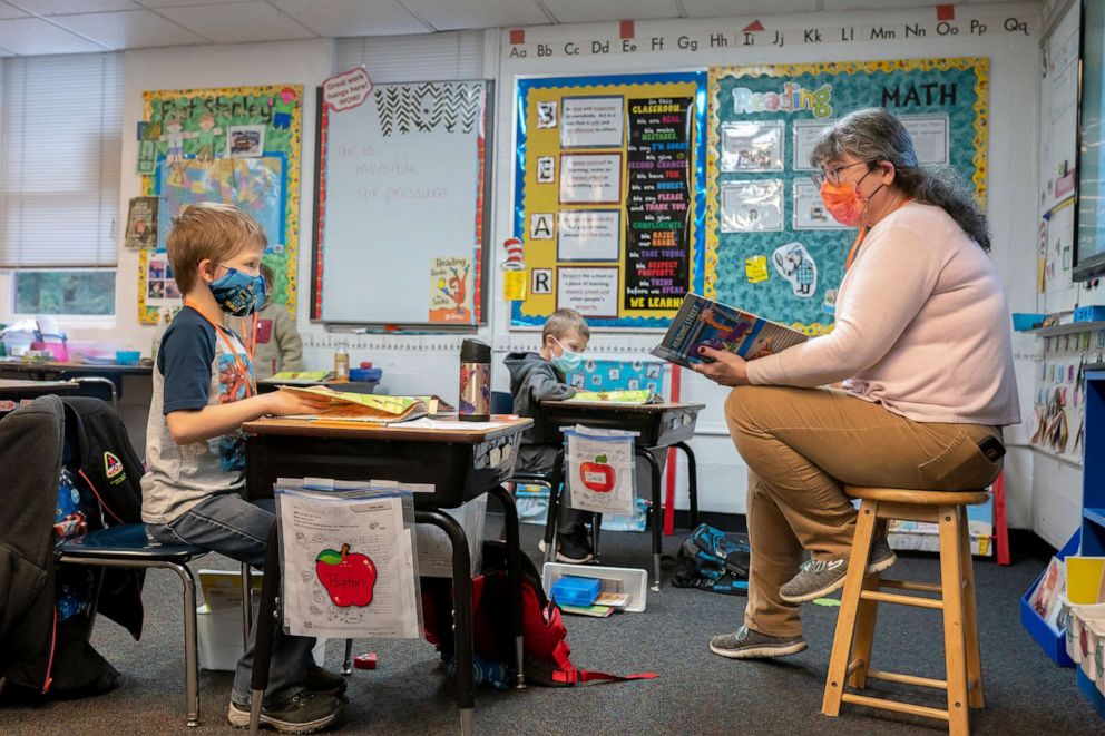 PHOTO: First grade students practice their reading skills at the Green Mountain School on Feb. 18, 2021 in Woodland, Washington.