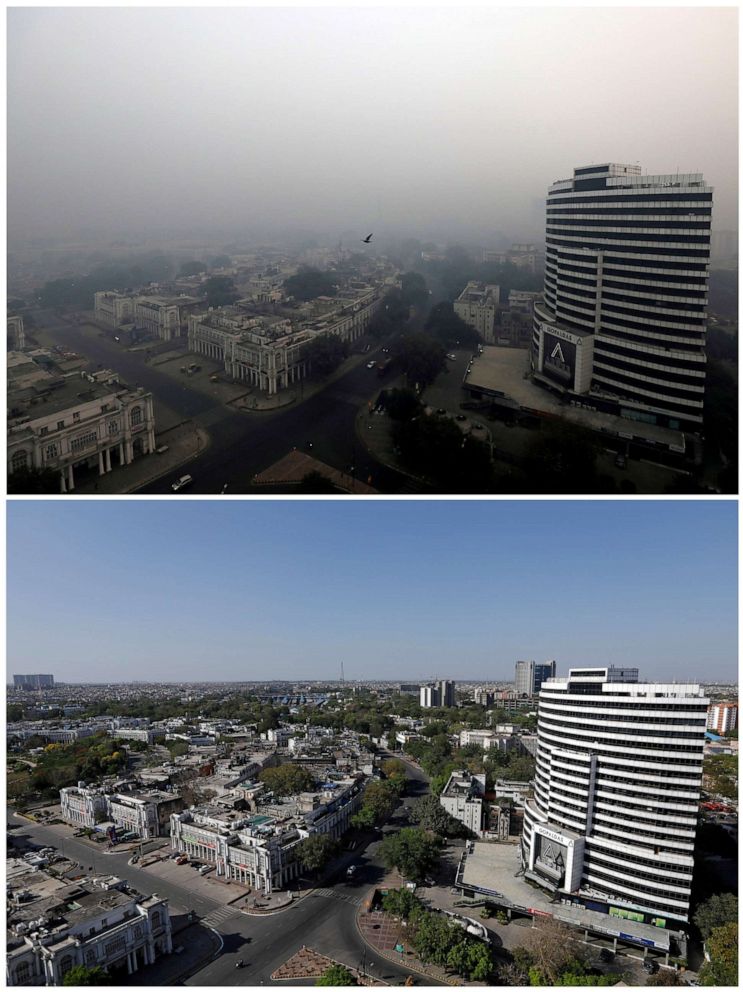 PHOTO: A combo shows buildings on November 8, 2018 and after air pollution level started to drop during a 21-day nationwide lockdown to slow the spreading of coronavirus disease (COVID-19), in New Delhi, India, April 8, 2020. 