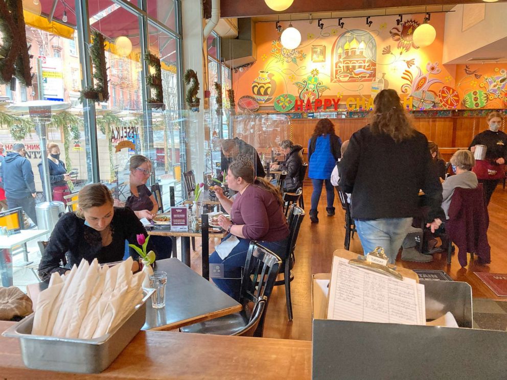 PHOTO: People eat indoors at a restaurant in New York City, N.Y., March 24, 2021. 