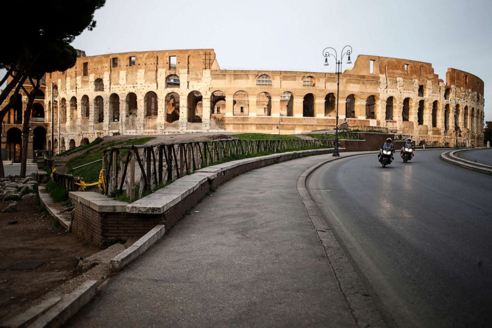 PHOTO: The streets around the Coliseum are seen empty, March 10, 2020, during the coronavirus outbreak in Rome, Italy.