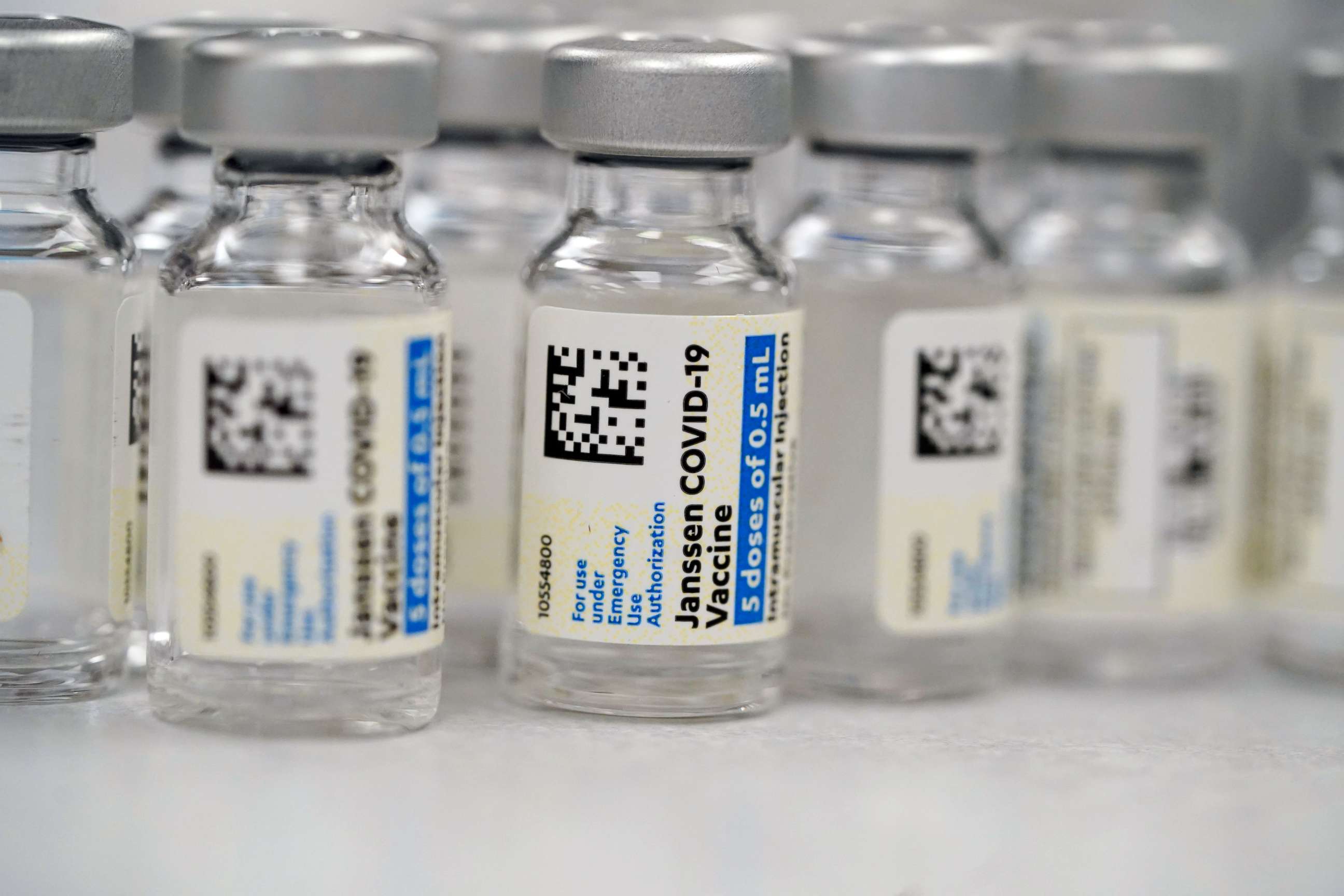 PHOTO: Vials of Johnson & Johnson's single-dose COVID-19 vaccine are seen at a hospital pharmacy in Denver, Colorado, on March 6, 2021.
