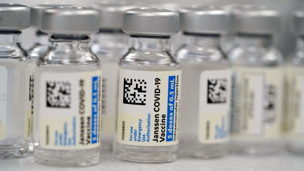 PHOTO: Vials of Johnson & Johnson's single-dose COVID-19 vaccine are seen at a hospital pharmacy in Denver, Colorado, on March 6, 2021.