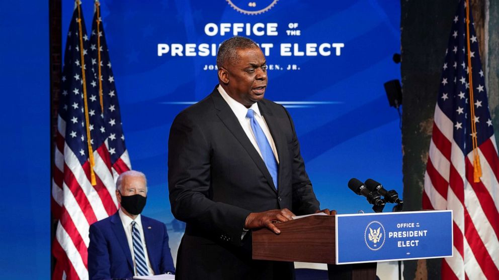 PHOTO: Retired General Lloyd Austin speaks after President-elect Joe Biden announced Austin as his nominee to be defense secretary during a news conference at his transition headquarters in Wilmington, Del., Dec. 9, 2020.