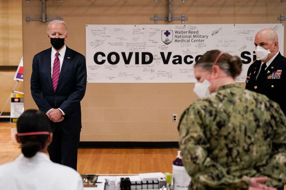 PHOTO: President Joe Biden tours the COVID-19 vaccine center at Walter Reed National Military Medical Center, Jan. 29, 2021, in Bethesda, Md.