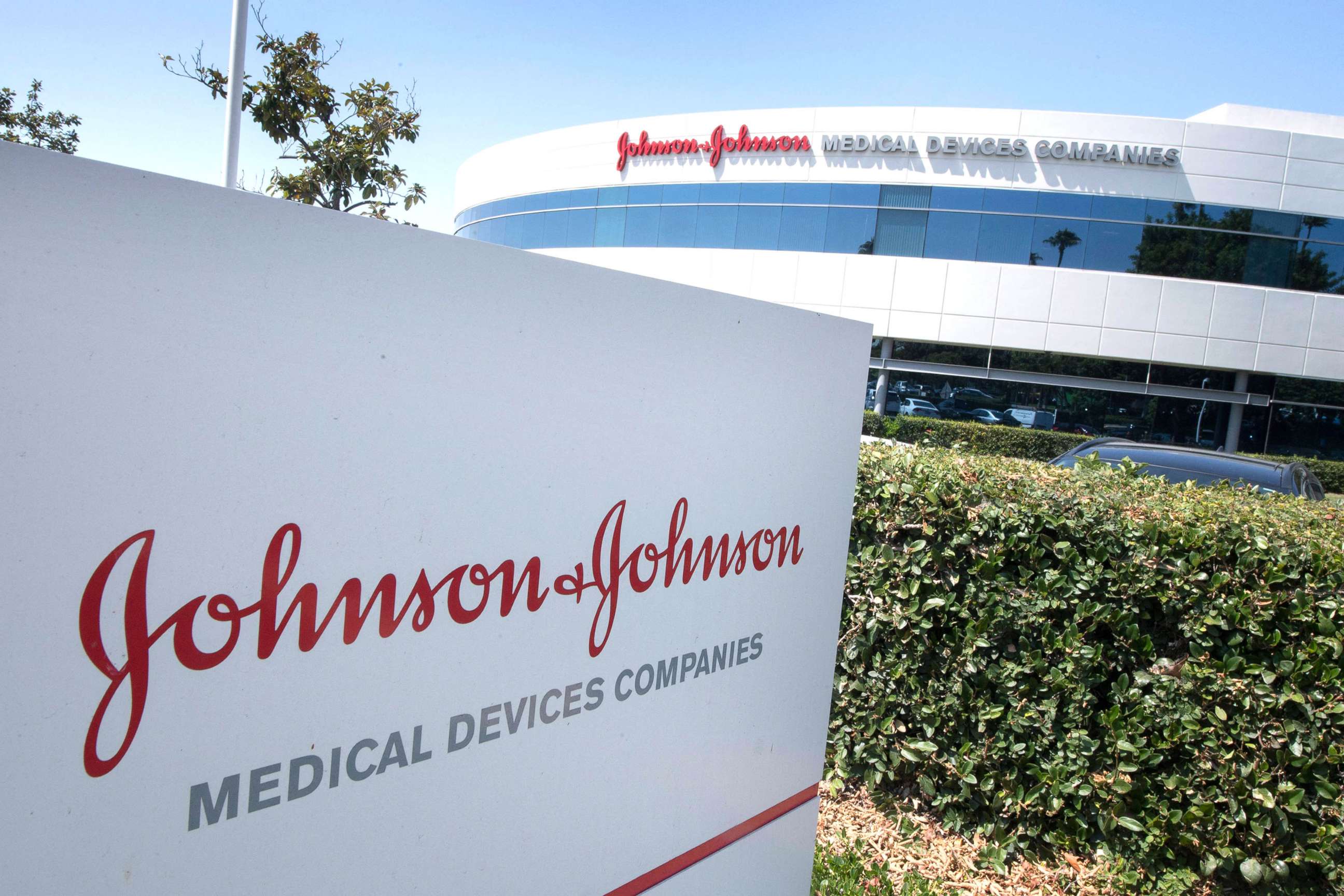 PHOTO: The entry sign to the Johnson &amp; Johnson campus shows their logo in Irvine, Calif., August 28, 2019. 