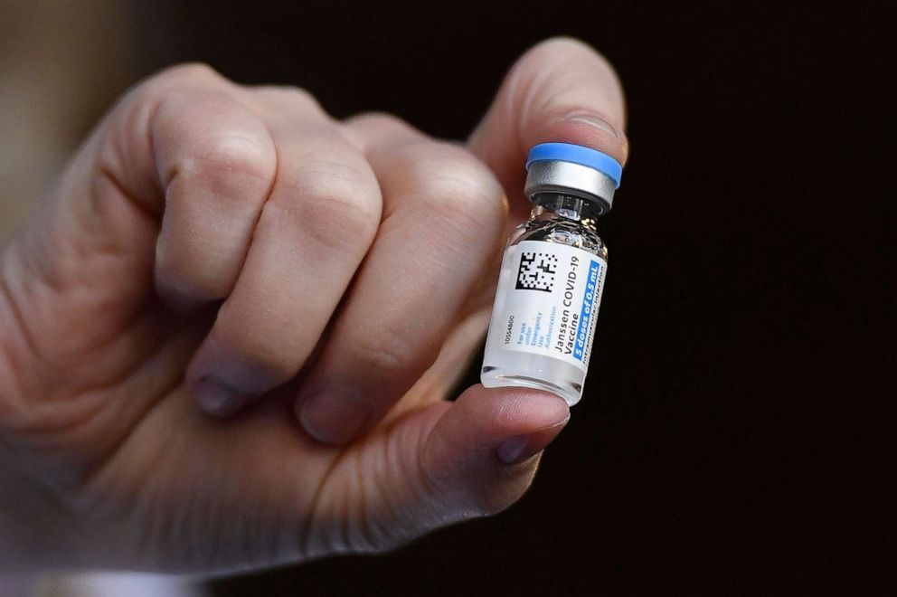 PHOTO: A vial of the Johnson & Johnson COVID-19 vaccine is held by a pharmacist at Hartford Hospital in Hartford, Conn., March 3, 2021.
