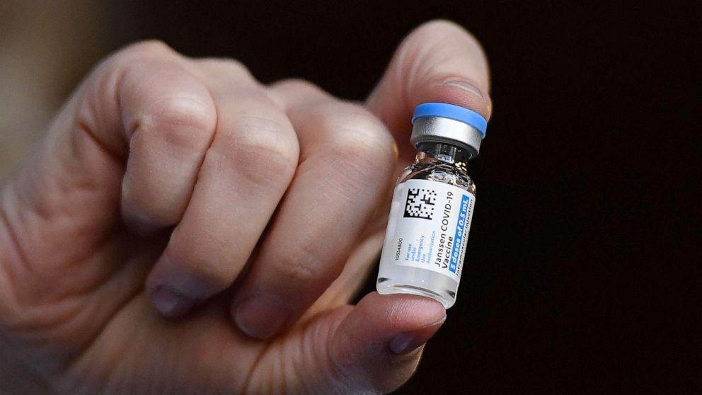 PHOTO: A vial of the Johnson & Johnson COVID-19 vaccine is held by pharmacist Madeline Acquilano at Hartford Hospital in Hartford, Conn., March 3, 2021.