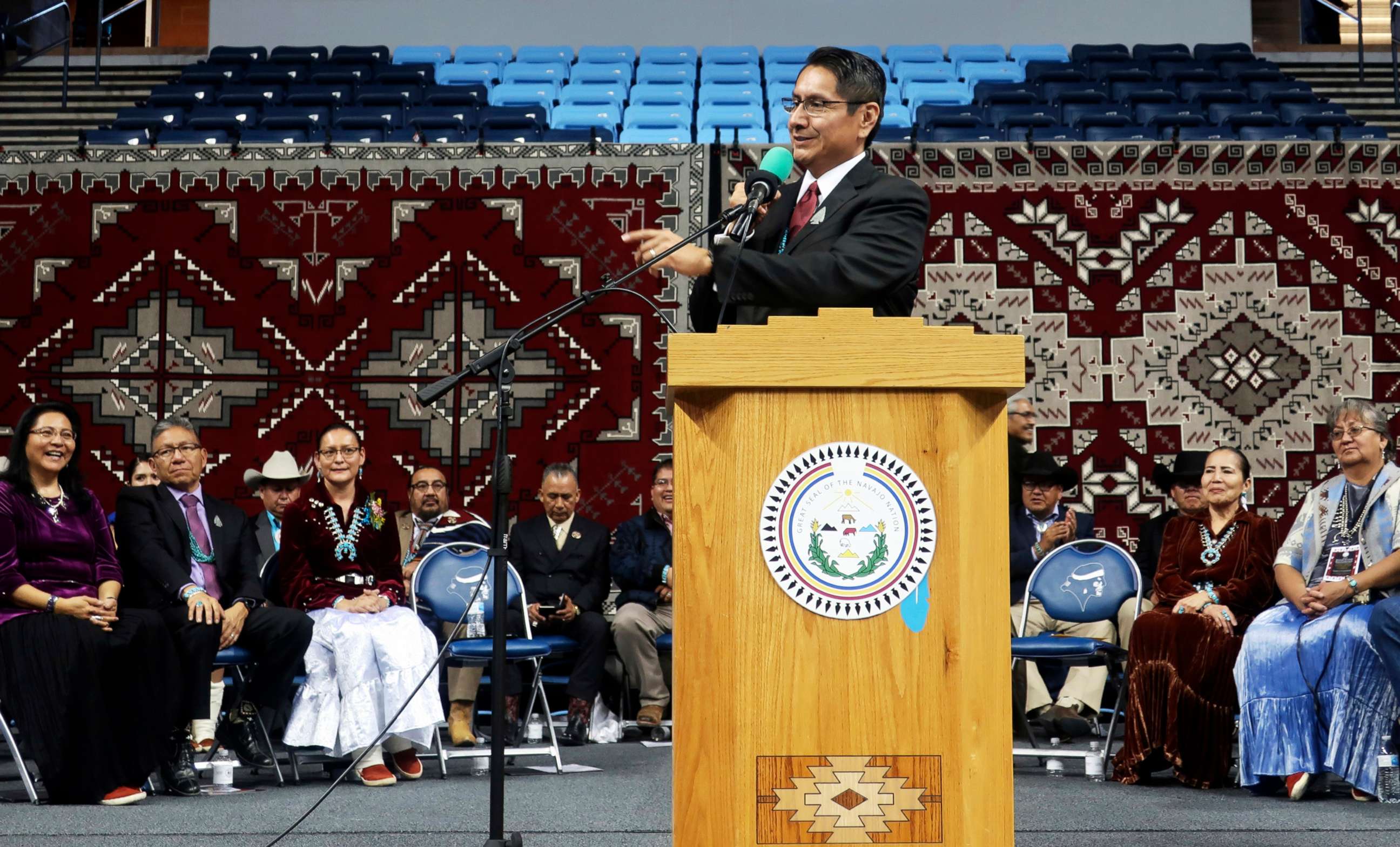 PHOTO: Jonathan Nez addresses a crowd after he's sworn in as president of the Navajo Nation, Jan. 15, 2019, in Fort Defiance, Ariz.