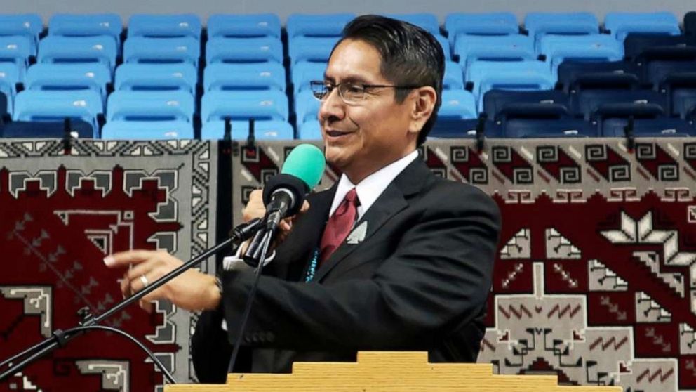 PHOTO: Jonathan Nez addresses a crowd after he's sworn in as president of the Navajo Nation, Jan. 15, 2019, in Fort Defiance, Ariz.