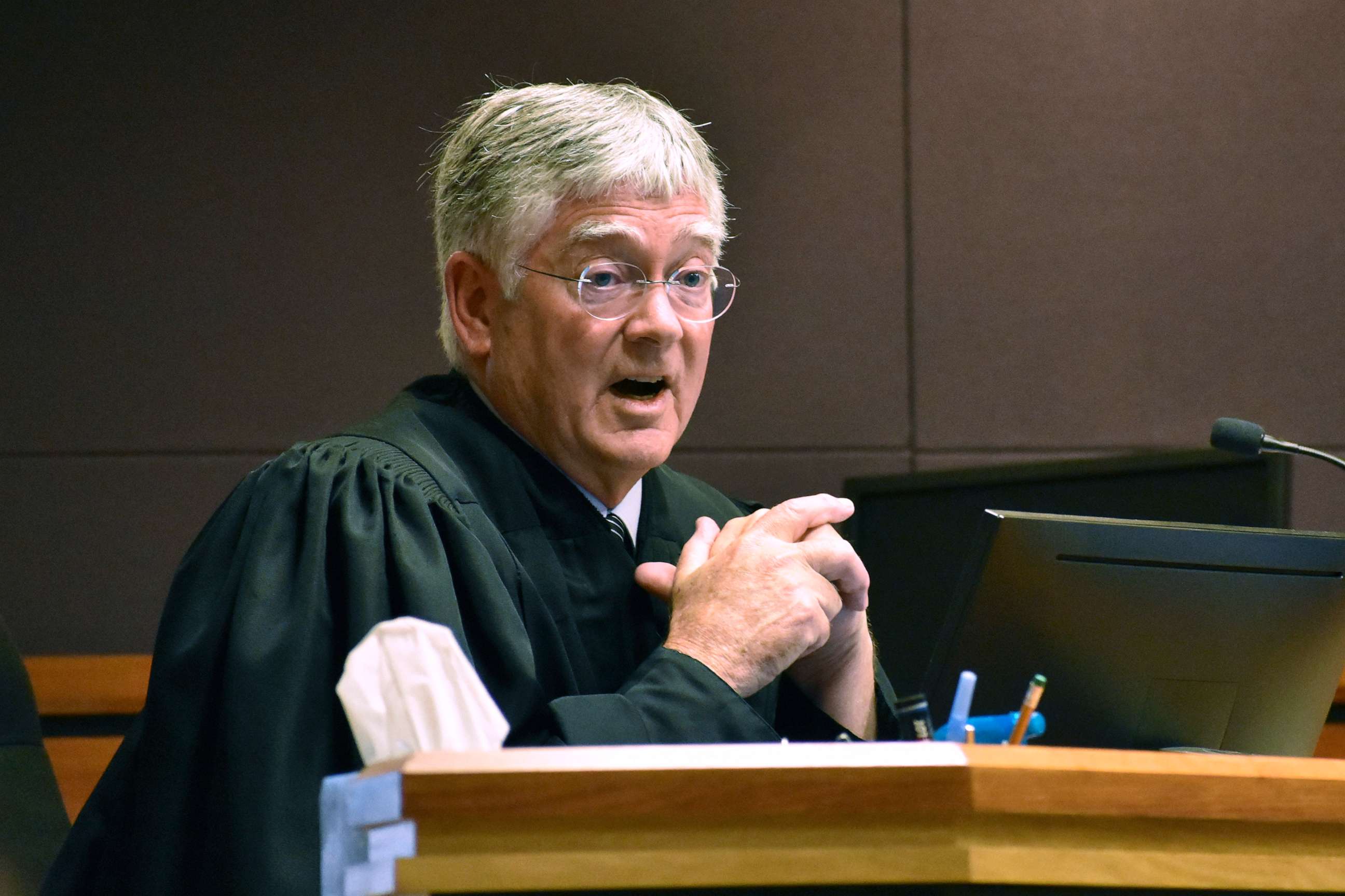 PHOTO: Montana District Judge Michael Moses speaks to attorneys during a court hearing on birth certificate changes for transgender people, on Sept 15, 2022, in Billings, Mont.