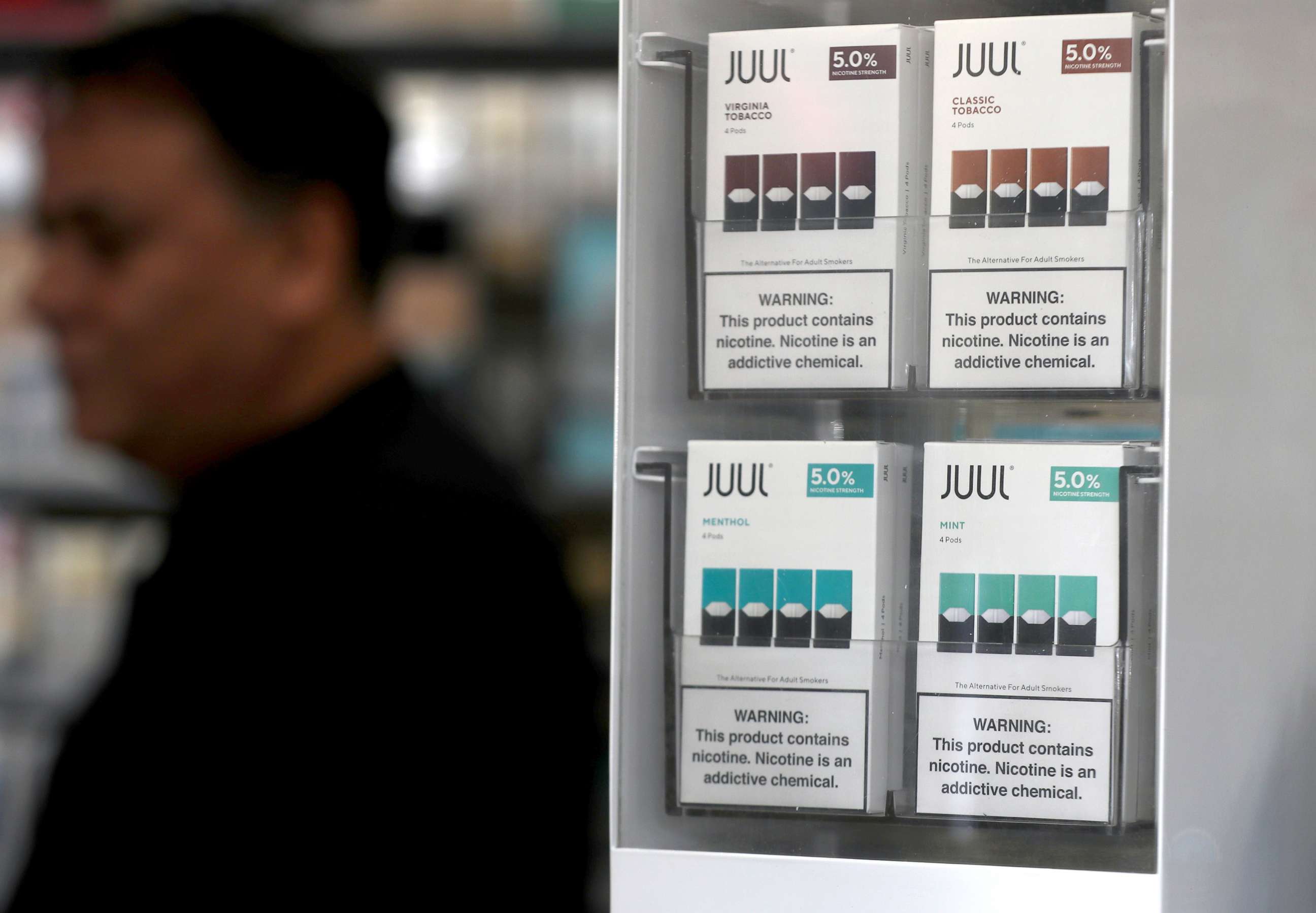 PHOTO: Packages of Juul e-cigarettes are displayed at a shop, Nov. 7, 2019, in San Rafael, Calif.